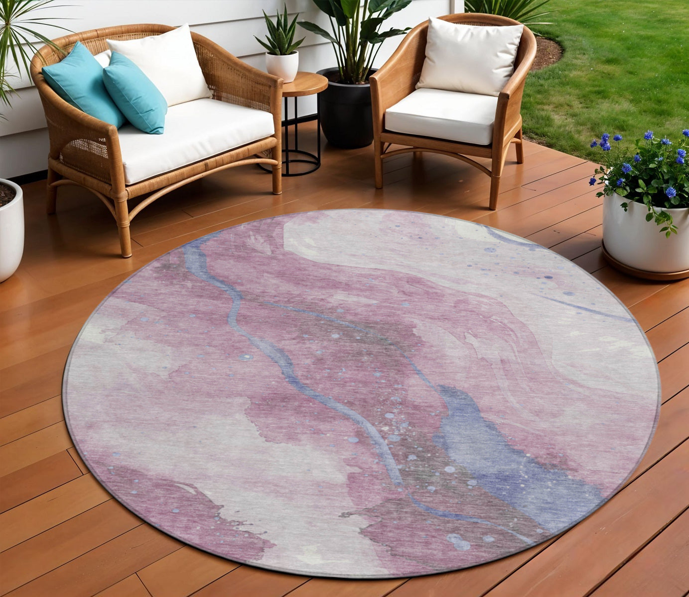 8 Mauve And Pink Round Abstract Washable Indoor Outdoor Area Rug