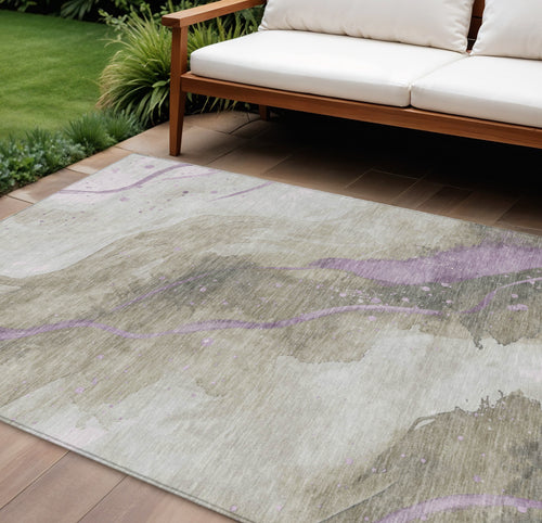 10 X 14 Taupe And Lavender Abstract Washable Indoor Outdoor Area Rug