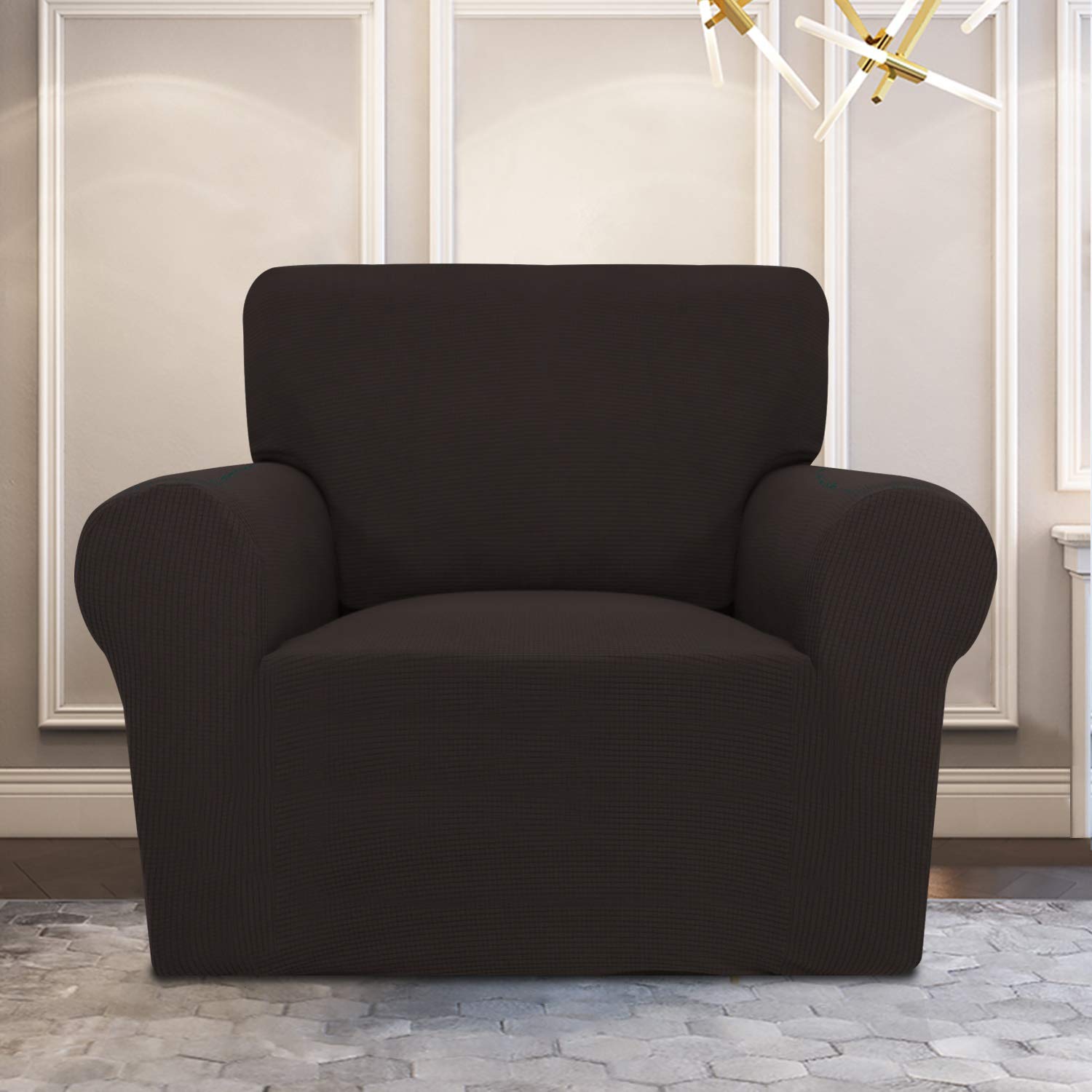 Purefit Stretch Chair Sofa Slipcover – Spandex Jacquard Non Slip Soft Couch Sofa Cover, Washable Furniture Protector With Non Skid Foam And Elastic Bottom For Kids (Chair, Chocolate)