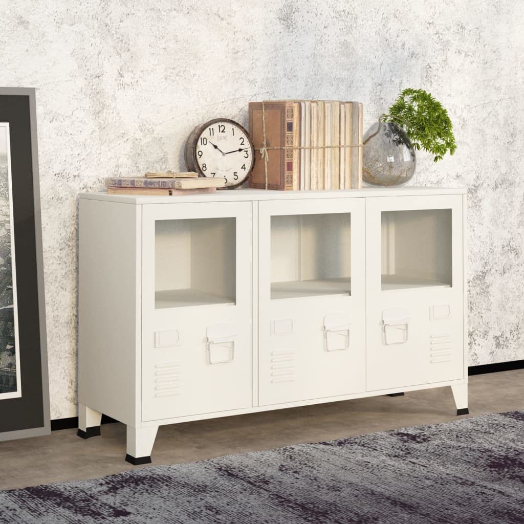 vidaXL Industrial Metal Sideboard in White, Stylish Storage Cabinet with Glass Doors, Perfect for Home Decor, Highly Durable and Easy to Clean