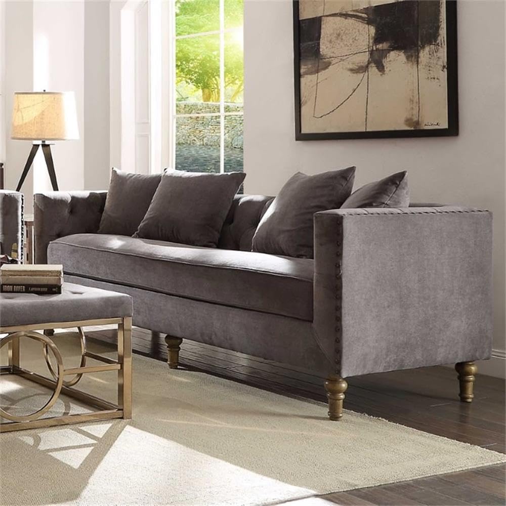 Acme Sidonia Velvet Tufted Sofa with 4 Pillows in Gray