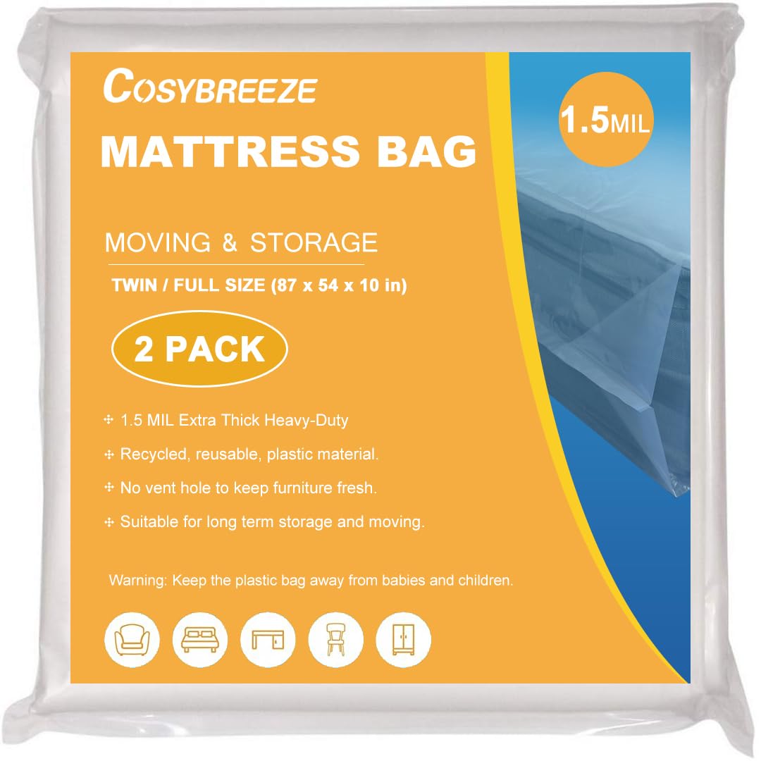 Mattress Bags For Moving 2 Pack Mattress Cover 1.5 Mil Twin Or Full Size Mattress Storage Bag - Heavy Duty Thick Plastic Wrap Mo