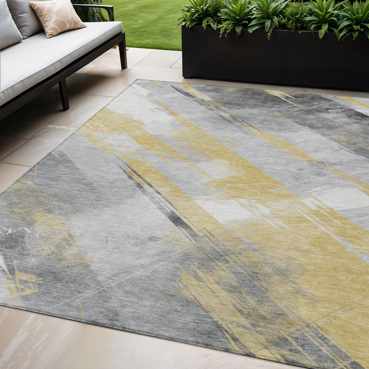 5 X 8 Gold And Gray Striped Washable Indoor Outdoor Area Rug