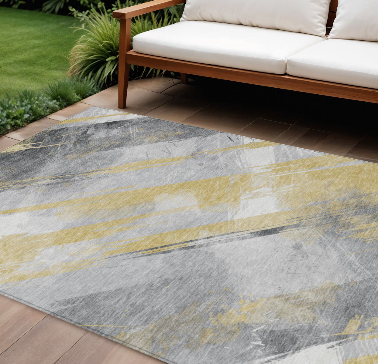 10 X 14 Gold And Gray Striped Washable Indoor Outdoor Area Rug