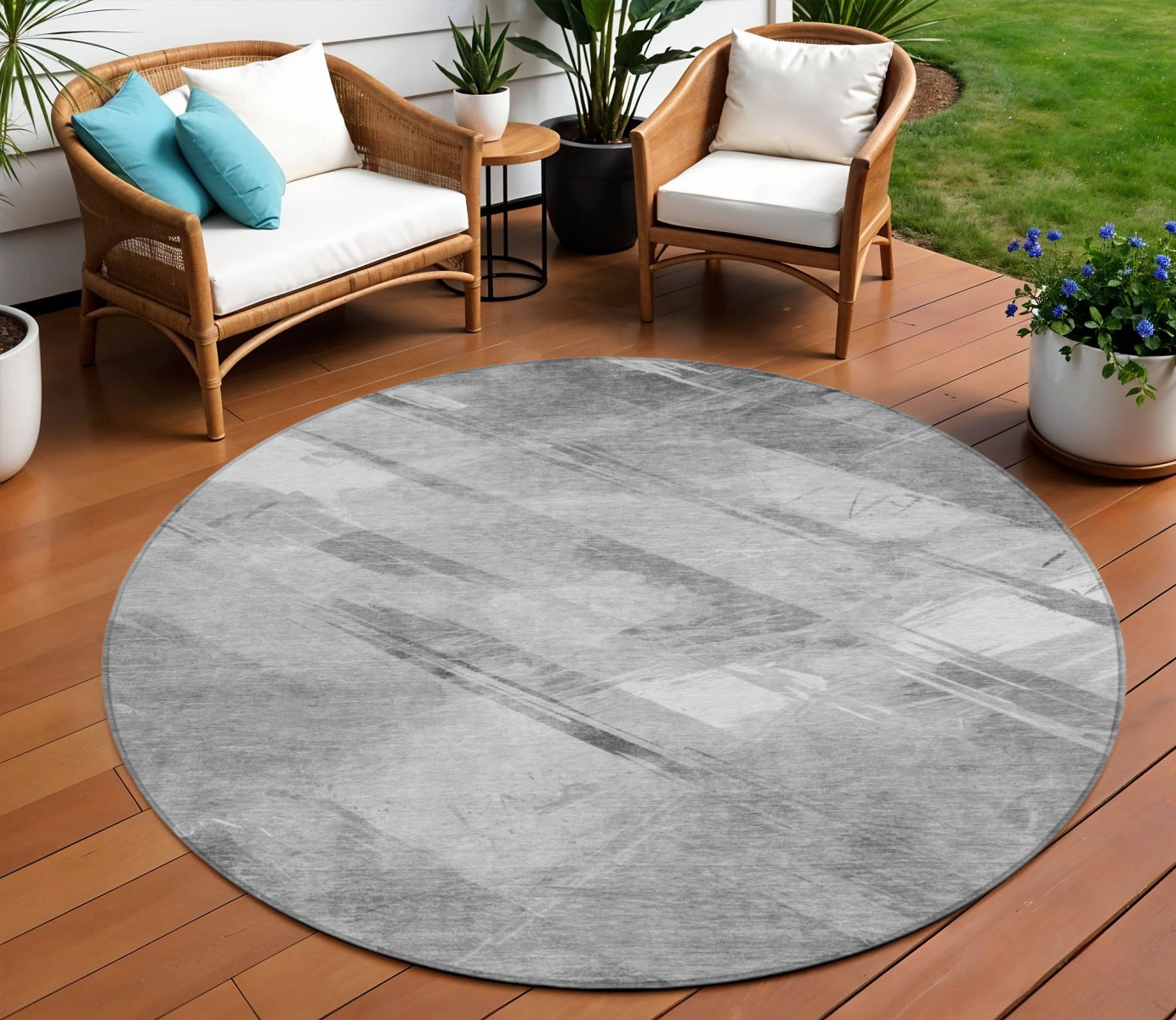 8 Gray And Charcoal Round Striped Washable Indoor Outdoor Area Rug