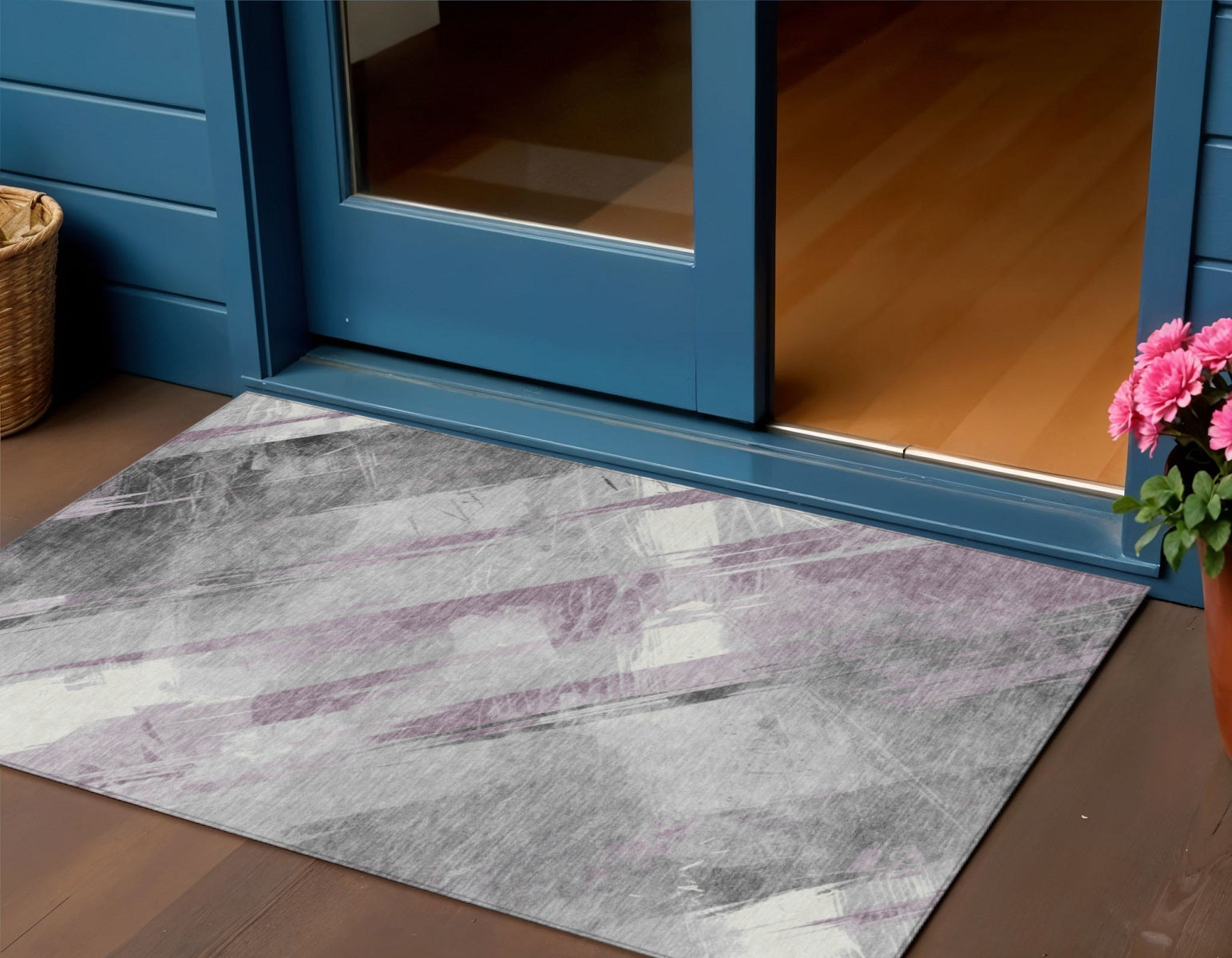 3 X 5 Lavender And Gray Striped Washable Indoor Outdoor Area Rug