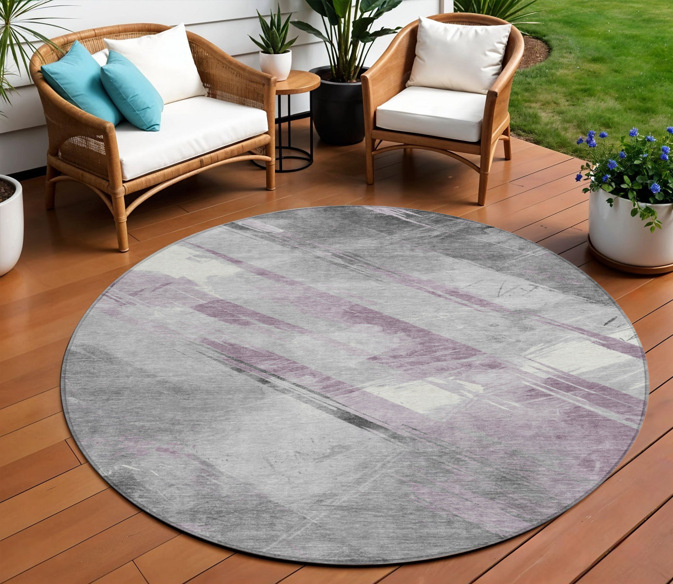 8 Lavender And Gray Round Striped Washable Indoor Outdoor Area Rug