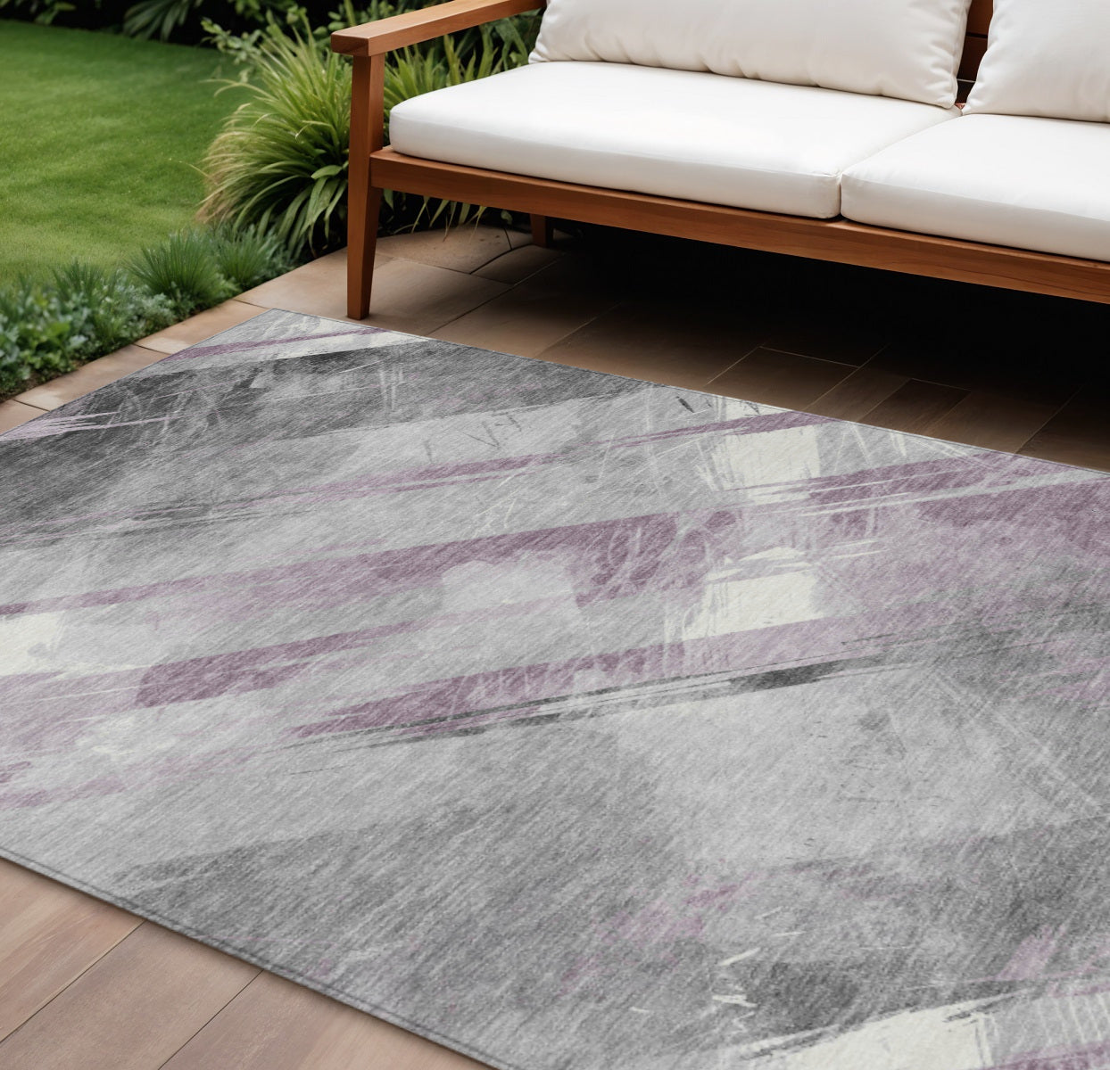 10 X 14 Lavender And Gray Striped Washable Indoor Outdoor Area Rug