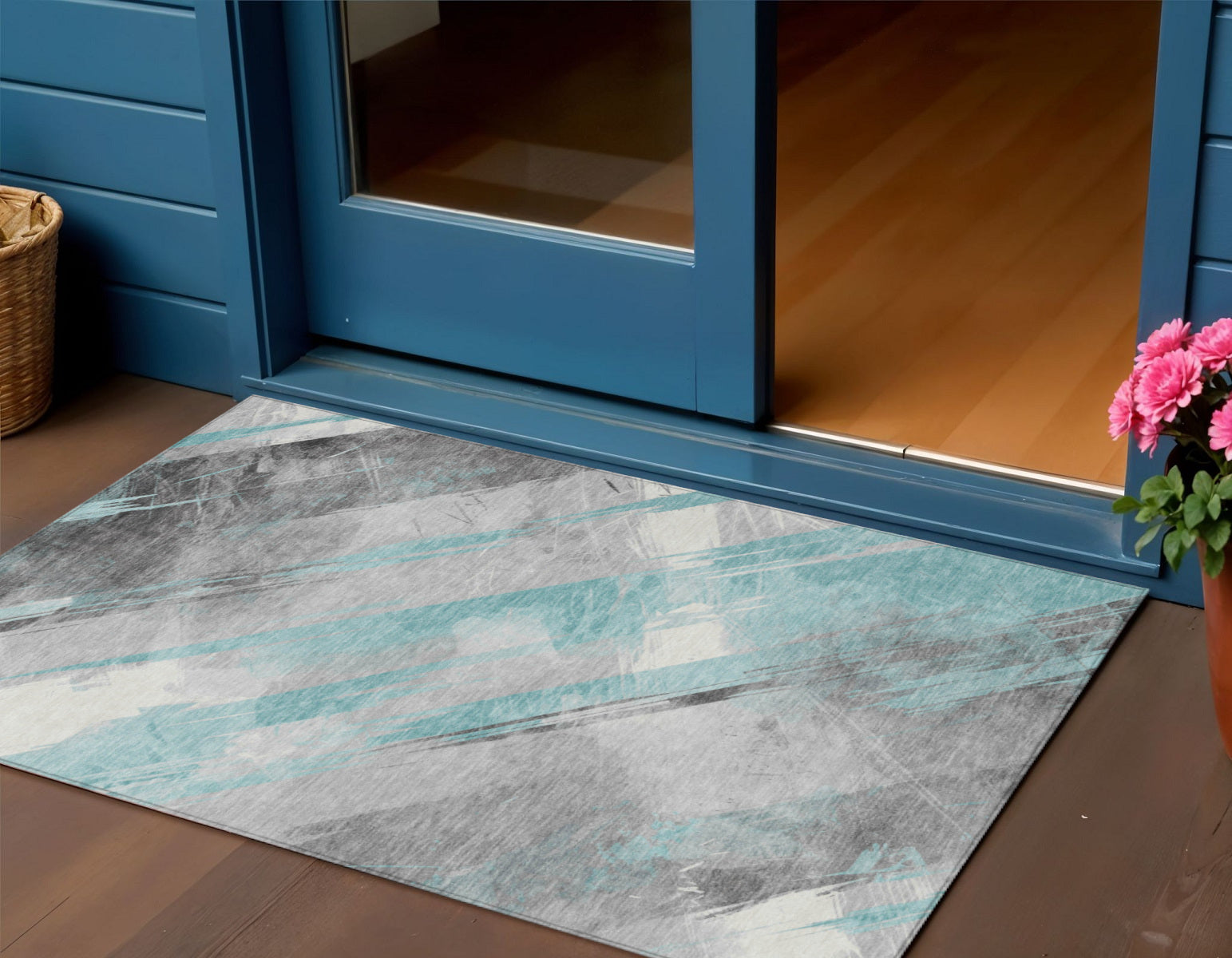 3 X 5 Teal Blue And Gray Striped Washable Indoor Outdoor Area Rug