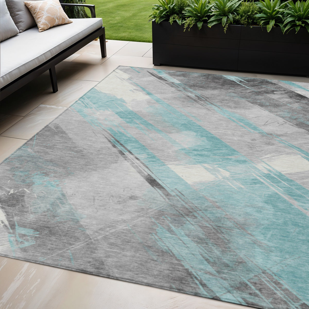 5 X 8 Teal Blue And Gray Striped Washable Indoor Outdoor Area Rug