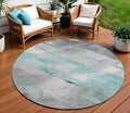 8 Teal Blue And Gray Round Striped Washable Indoor Outdoor Area Rug