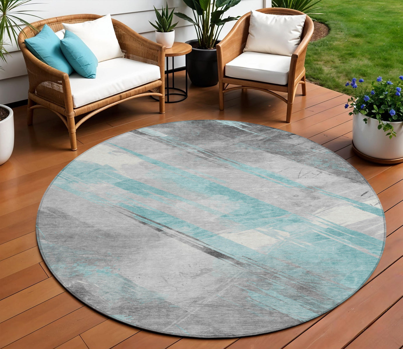 8 Teal Blue And Gray Round Striped Washable Indoor Outdoor Area Rug