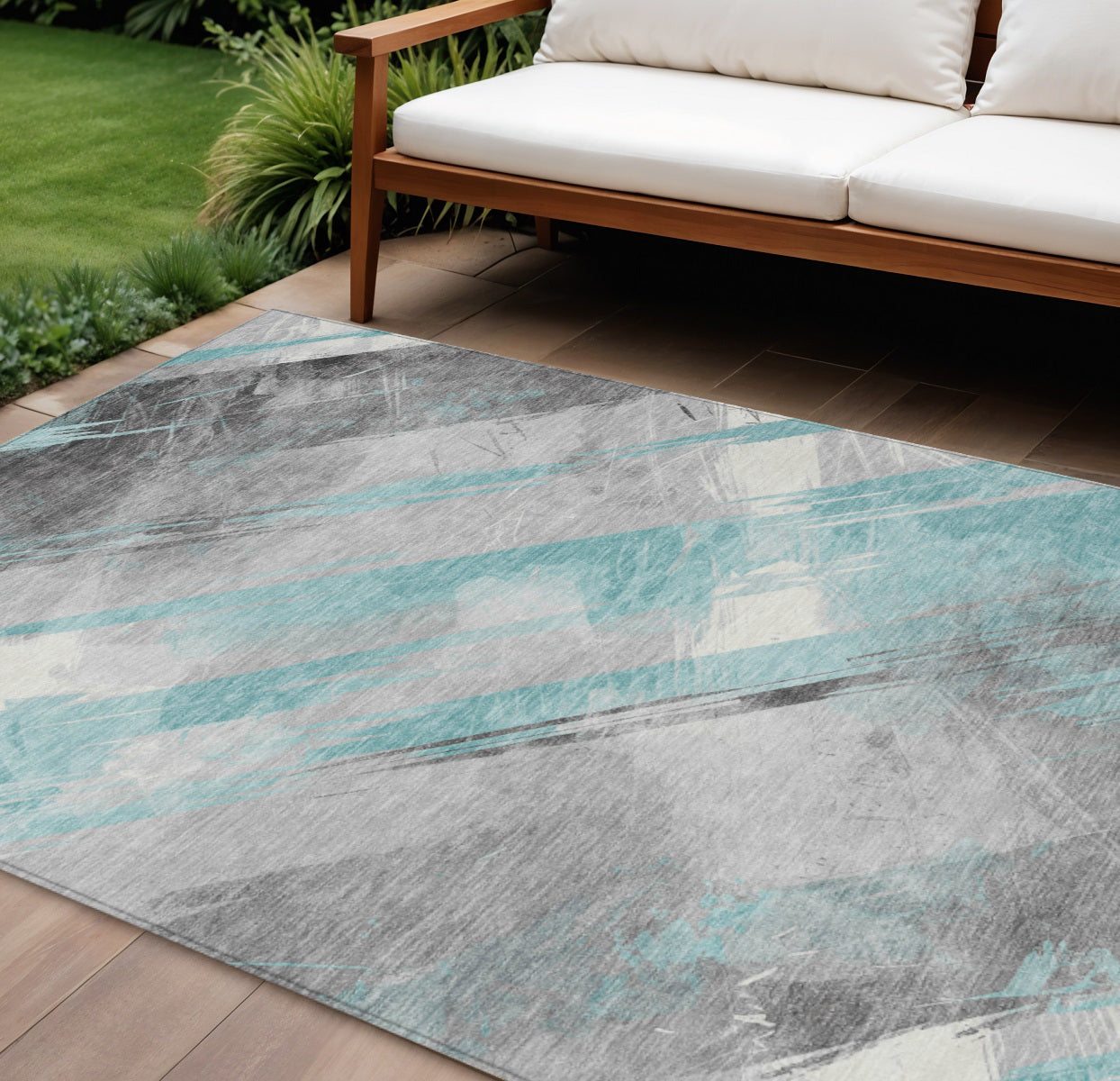 8 X 10 Teal Blue And Gray Striped Washable Indoor Outdoor Area Rug