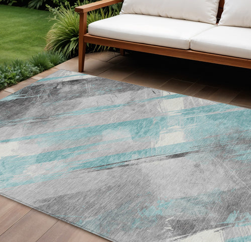 10 X 14 Teal Blue And Gray Striped Washable Indoor Outdoor Area Rug