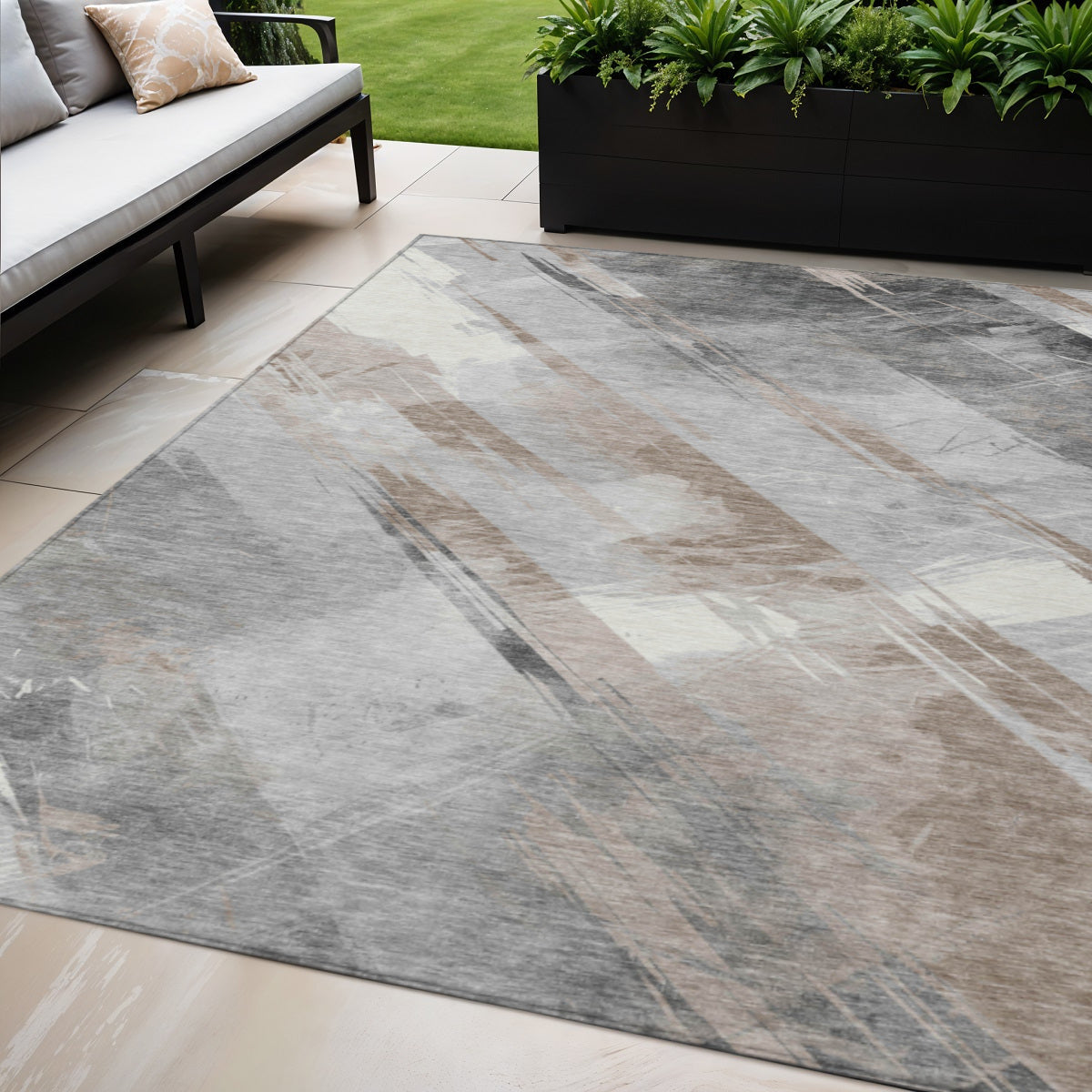 5 X 8 Taupe And Gray Striped Washable Indoor Outdoor Area Rug