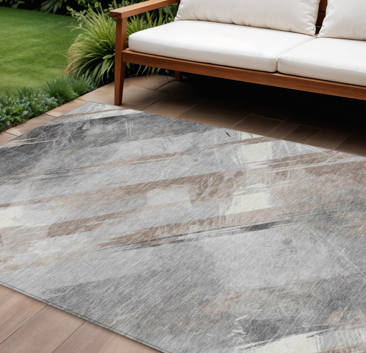 10 X 14 Taupe And Gray Striped Washable Indoor Outdoor Area Rug