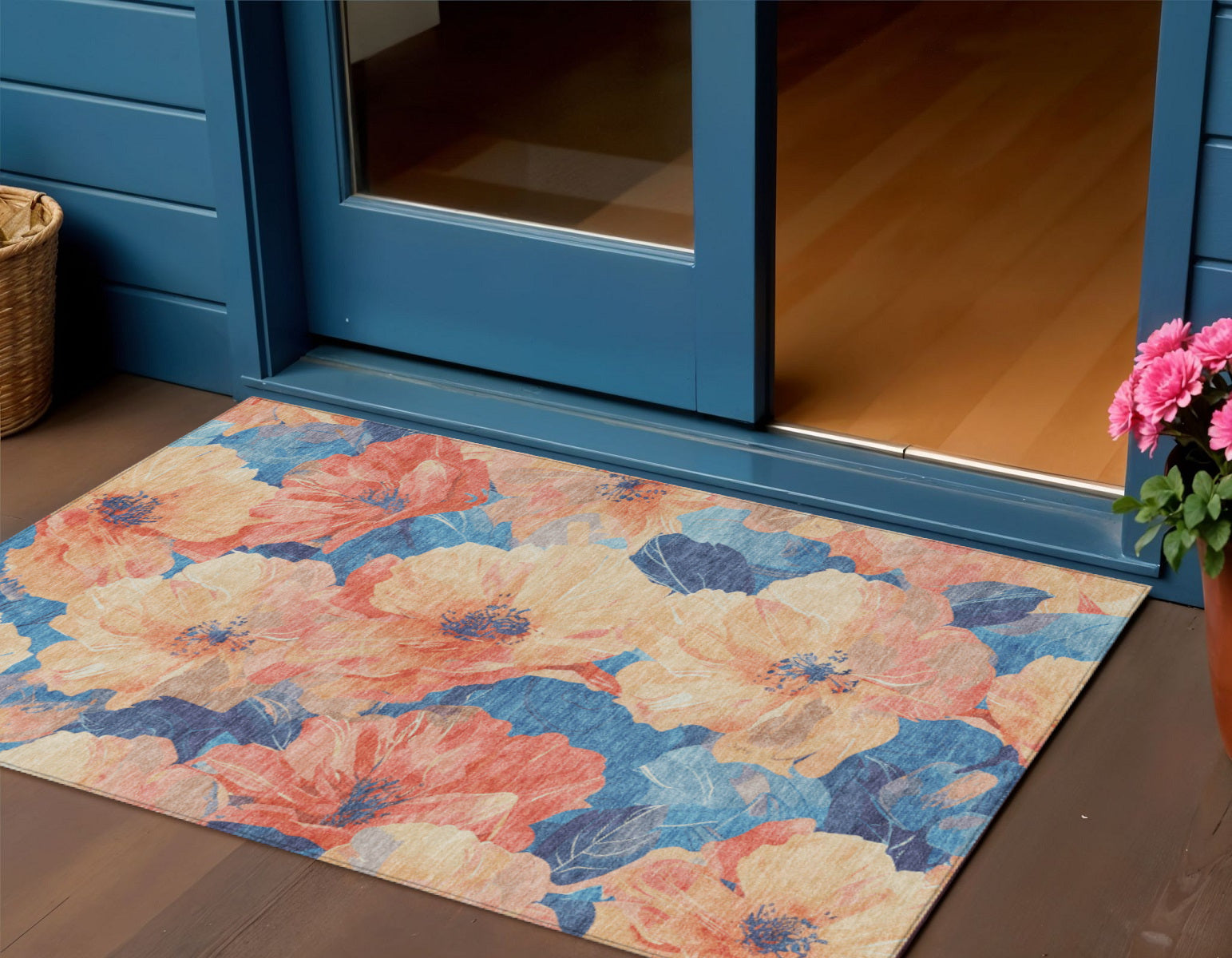 3 X 5 Peach And Blue Floral Washable Indoor Outdoor Area Rug