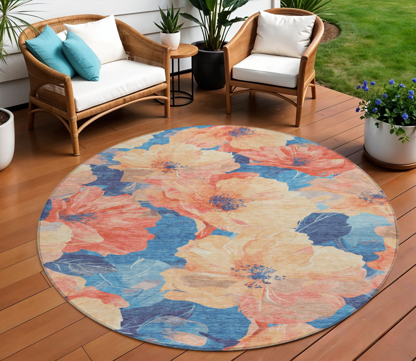 8 Peach And Blue Round Floral Washable Indoor Outdoor Area Rug