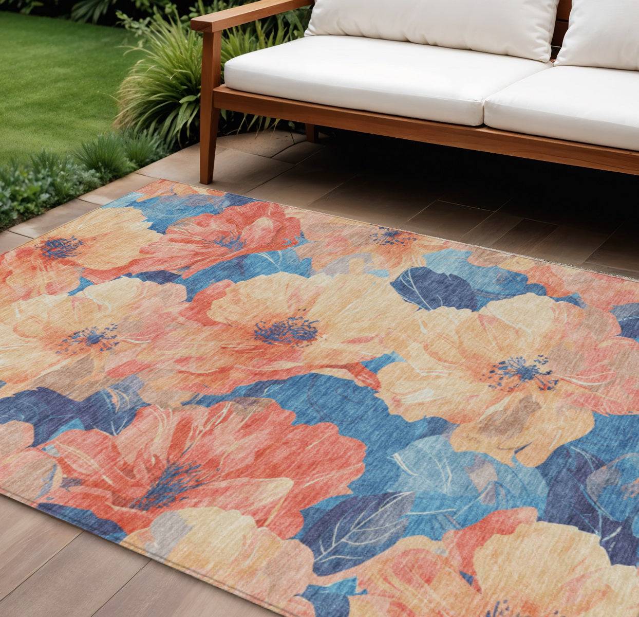 10 X 14 Peach And Blue Floral Washable Indoor Outdoor Area Rug