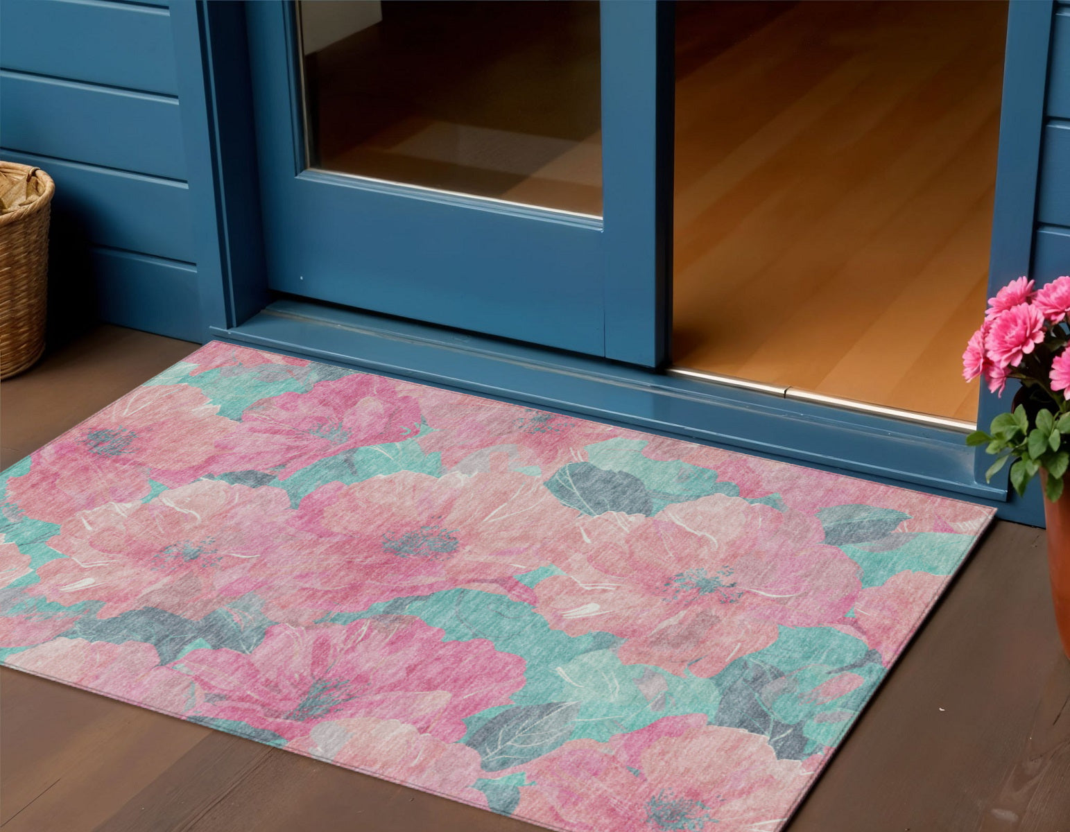 3 X 5 Pink And Mauve Floral Washable Indoor Outdoor Area Rug