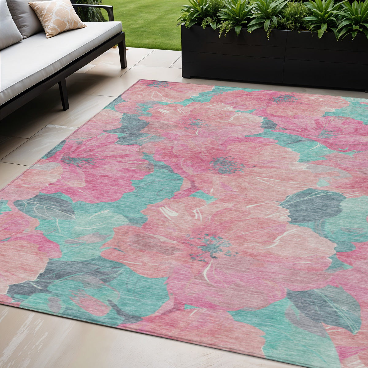 5 X 8 Pink And Mauve Floral Washable Indoor Outdoor Area Rug