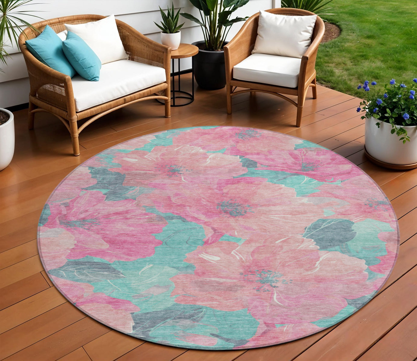 8 Pink And Mauve Round Floral Washable Indoor Outdoor Area Rug