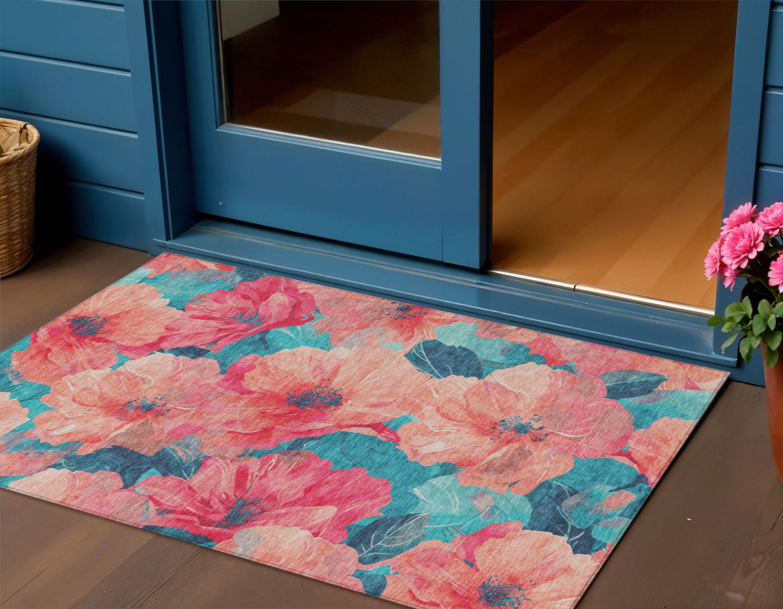 3 X 5 Salmon And Teal Blue Floral Washable Indoor Outdoor Area Rug