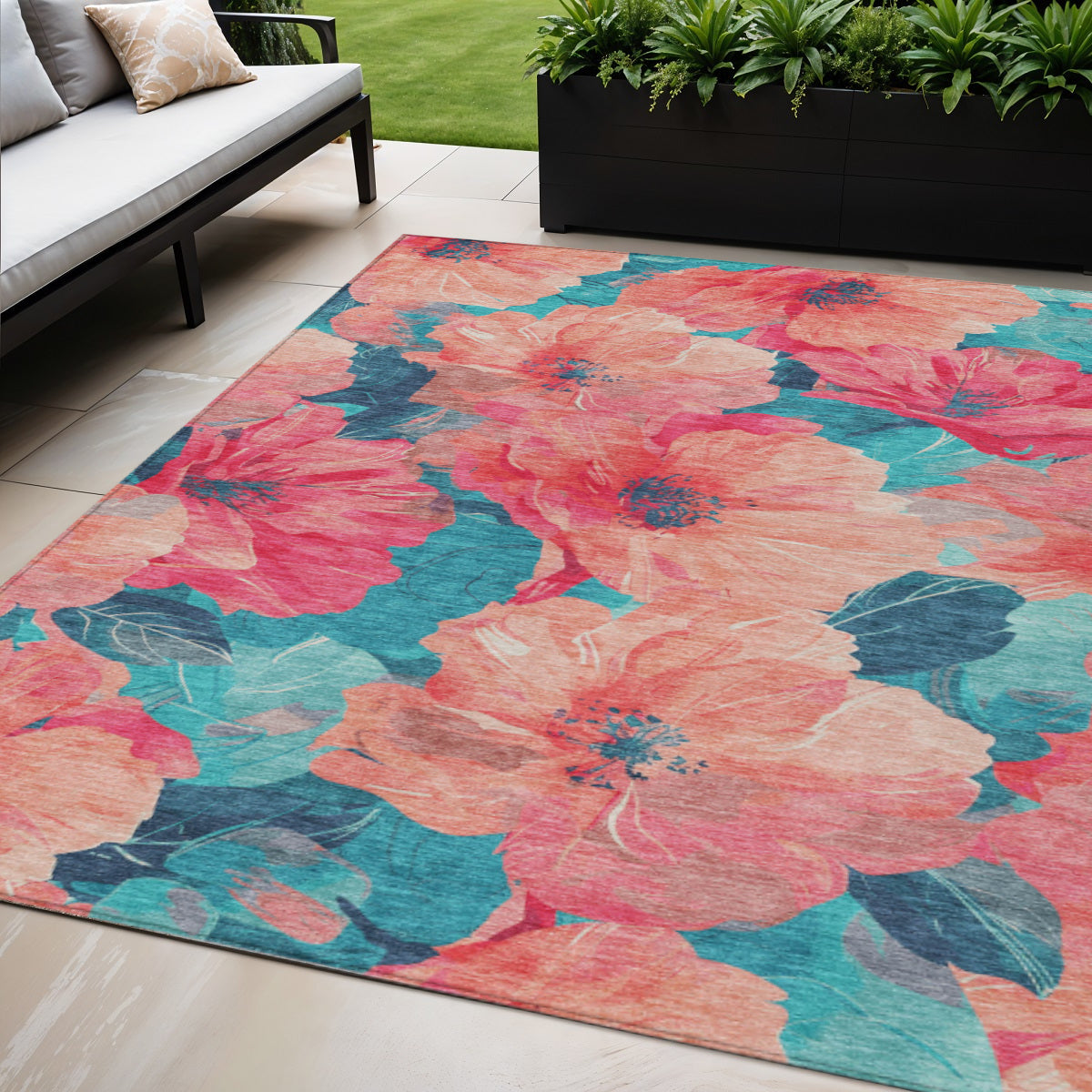 5 X 8 Salmon And Teal Blue Floral Washable Indoor Outdoor Area Rug
