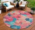 8 Salmon And Teal Blue Round Floral Washable Indoor Outdoor Area Rug