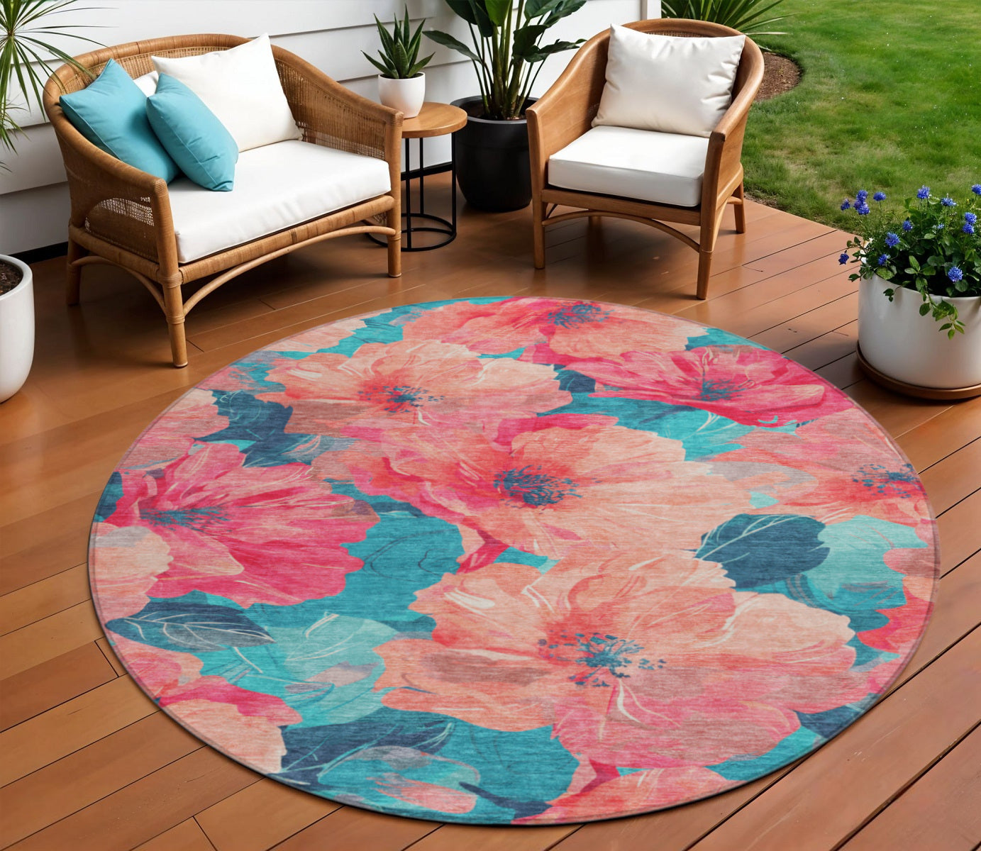 8 Salmon And Teal Blue Round Floral Washable Indoor Outdoor Area Rug
