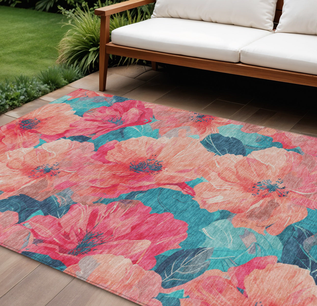 8 X 10 Salmon And Teal Blue Floral Washable Indoor Outdoor Area Rug