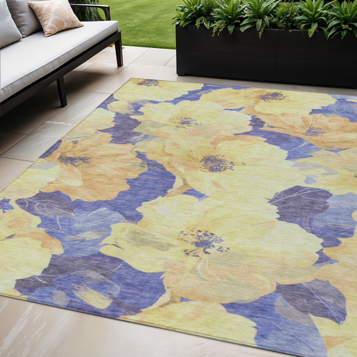 5 X 8 Wheat And Purple Floral Washable Indoor Outdoor Area Rug