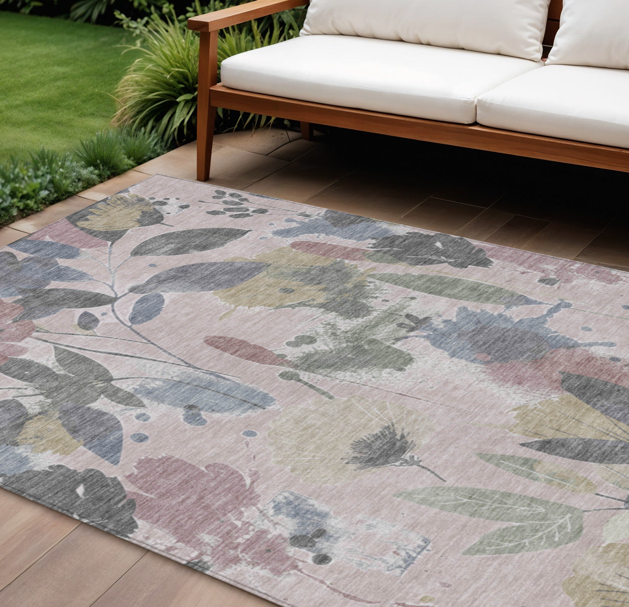 9 X 12 Blush And Mauve Floral Washable Indoor Outdoor Area Rug