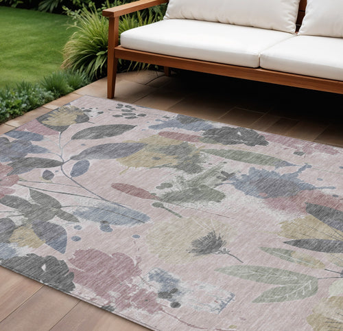 10 X 14 Blush And Mauve Floral Washable Indoor Outdoor Area Rug
