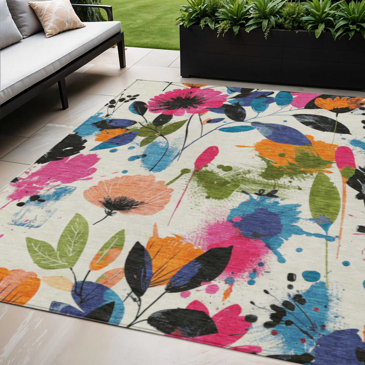 5 X 8 Ivory Pink Orange And Blue Floral Washable Indoor Outdoor Area Rug