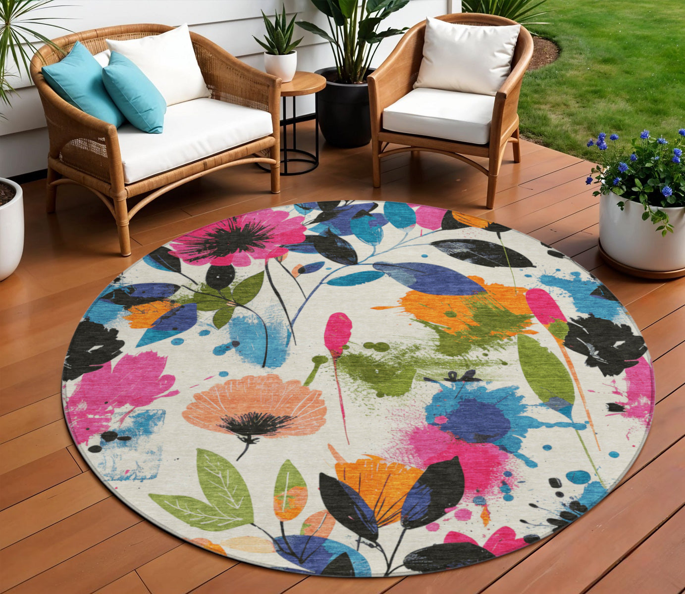 8 Ivory Pink Orange And Blue Round Floral Washable Indoor Outdoor Area Rug