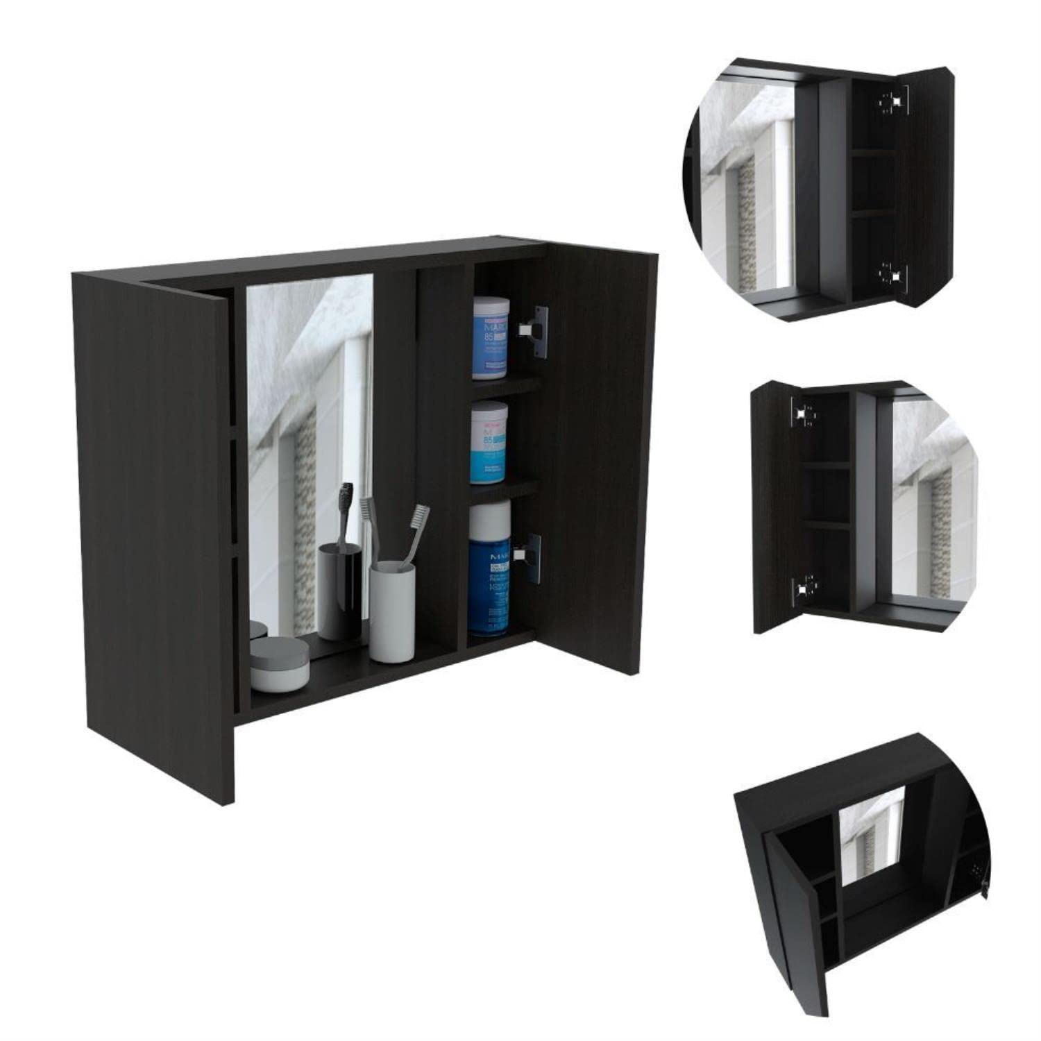 Garnet Medicine Cabinet With Mirror, 6 Inner Shelves, And External Shelf, Black