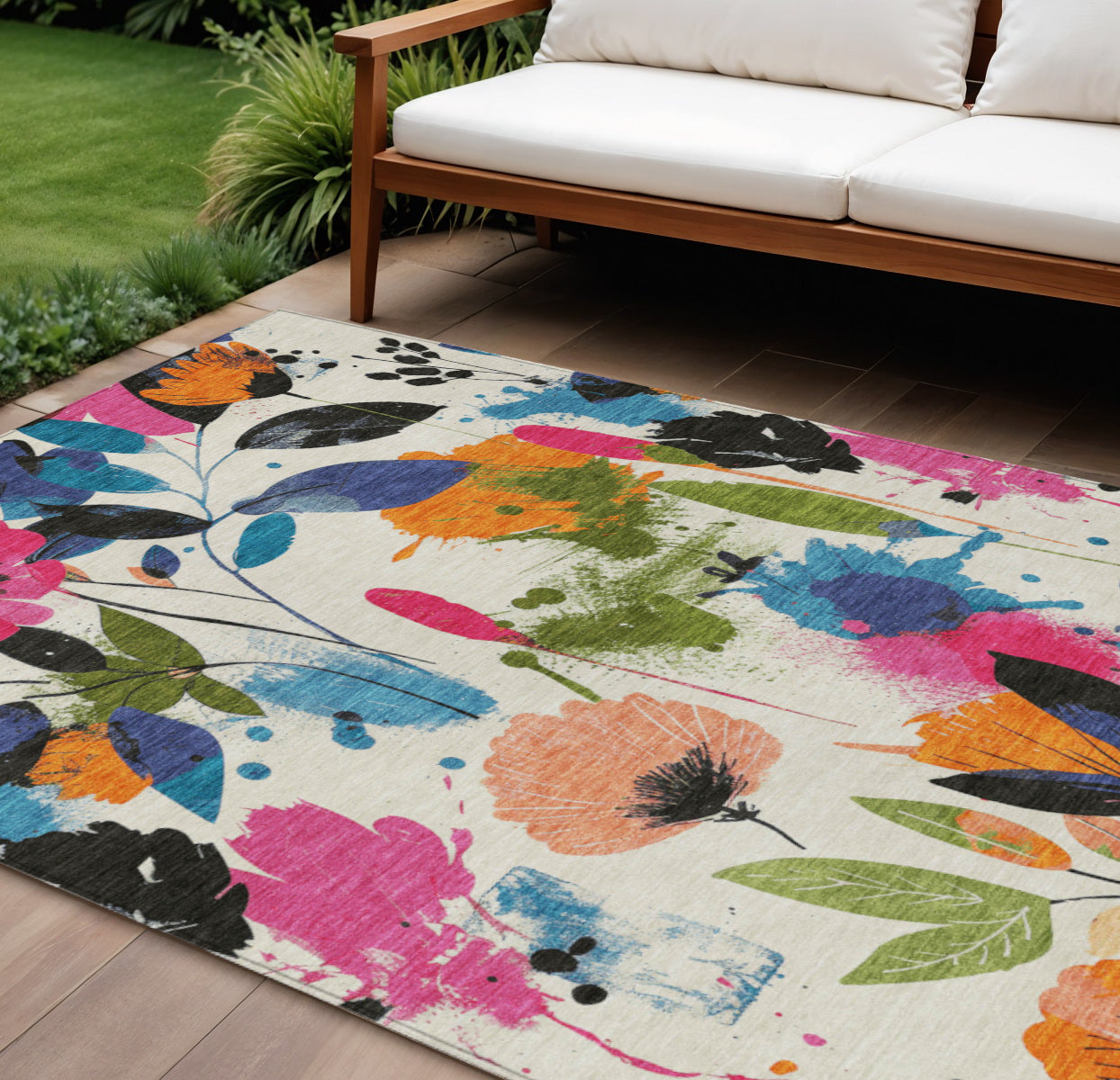 10 X 14 Ivory Pink Orange And Blue Floral Washable Indoor Outdoor Area Rug