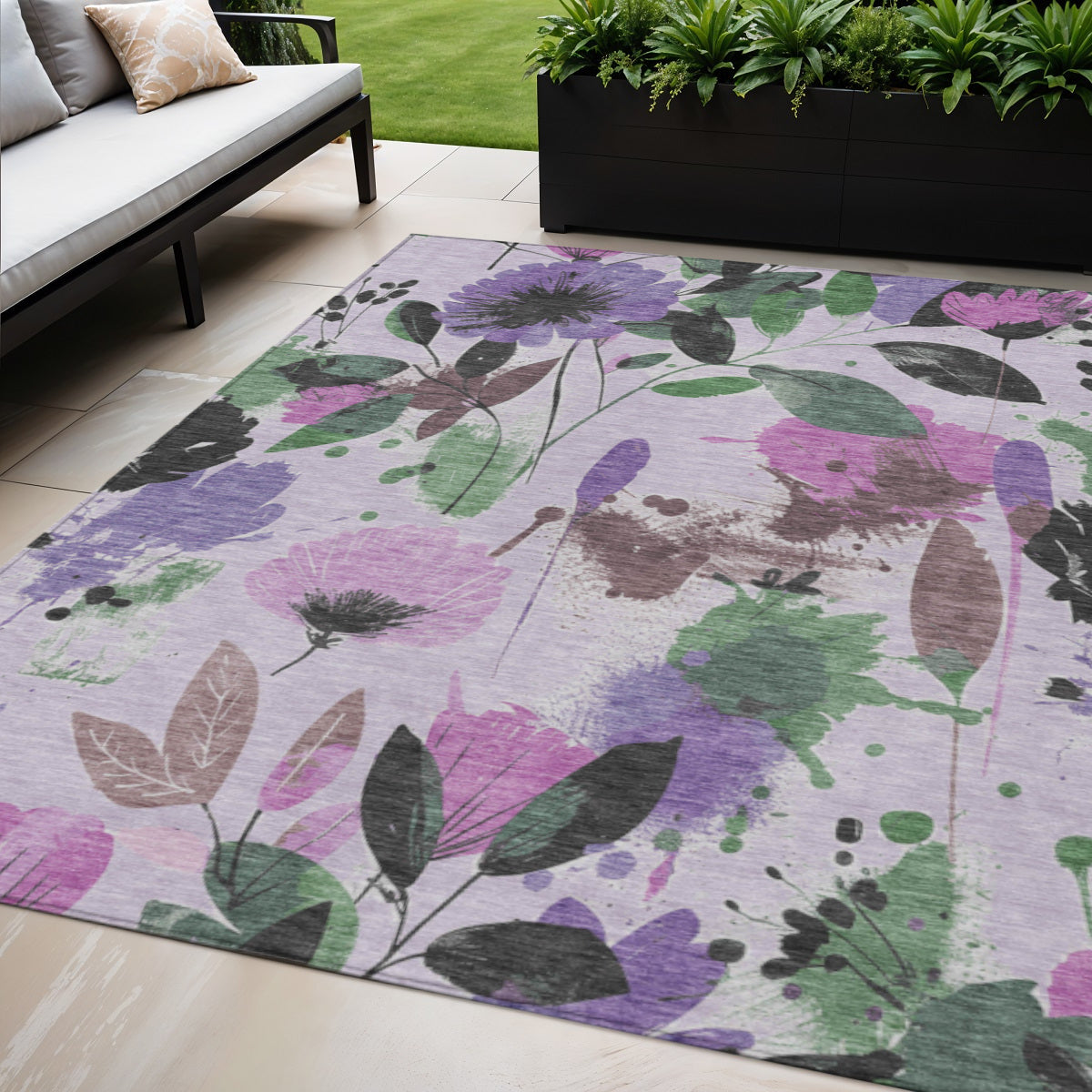 5 X 8 Lavender And Artichoke Green Floral Washable Indoor Outdoor Area Rug