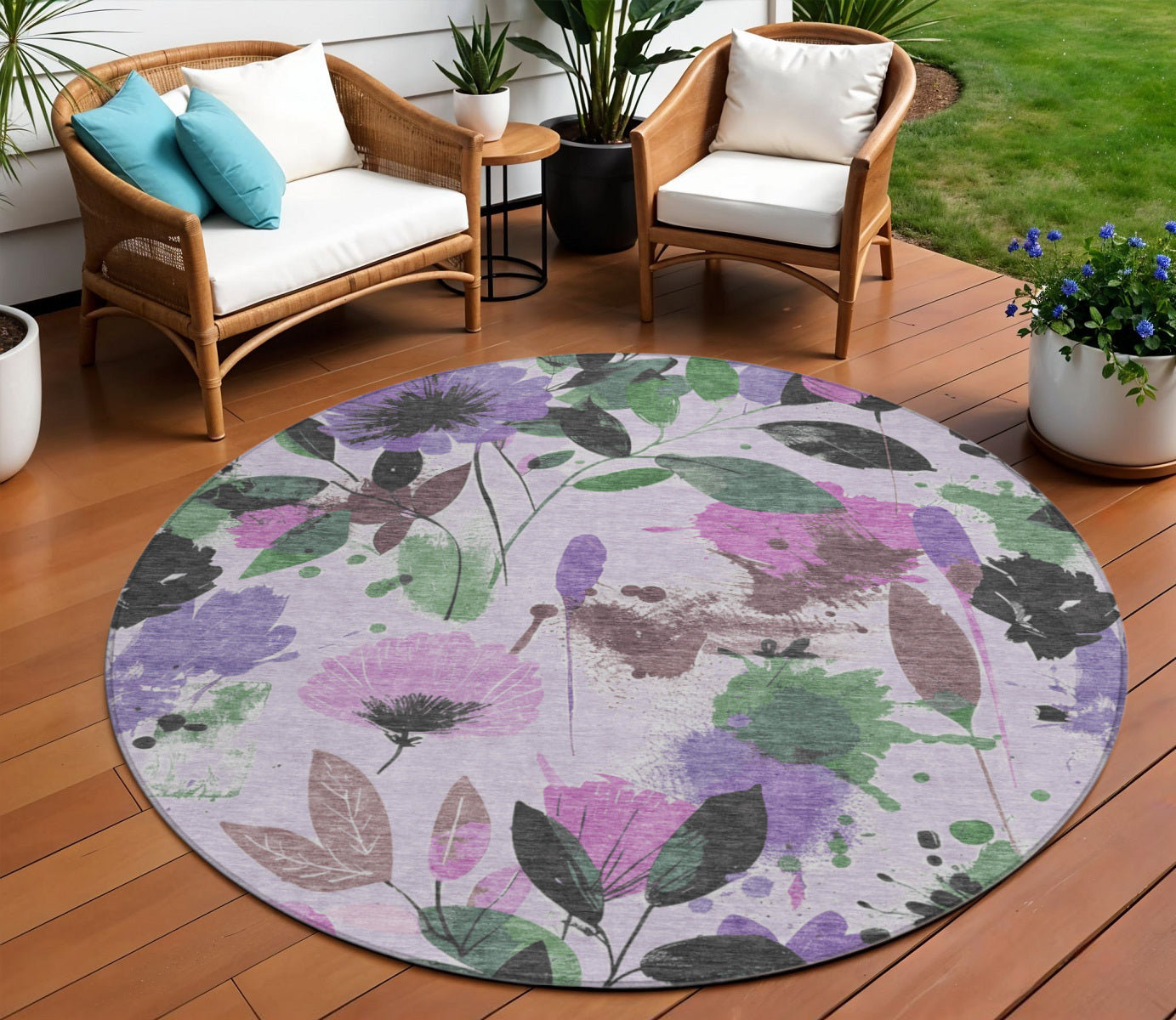 8 Lavender And Artichoke Green Round Floral Washable Indoor Outdoor Area Rug