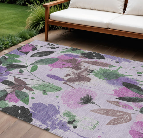 10 X 14 Lavender And Artichoke Green Floral Washable Indoor Outdoor Area Rug
