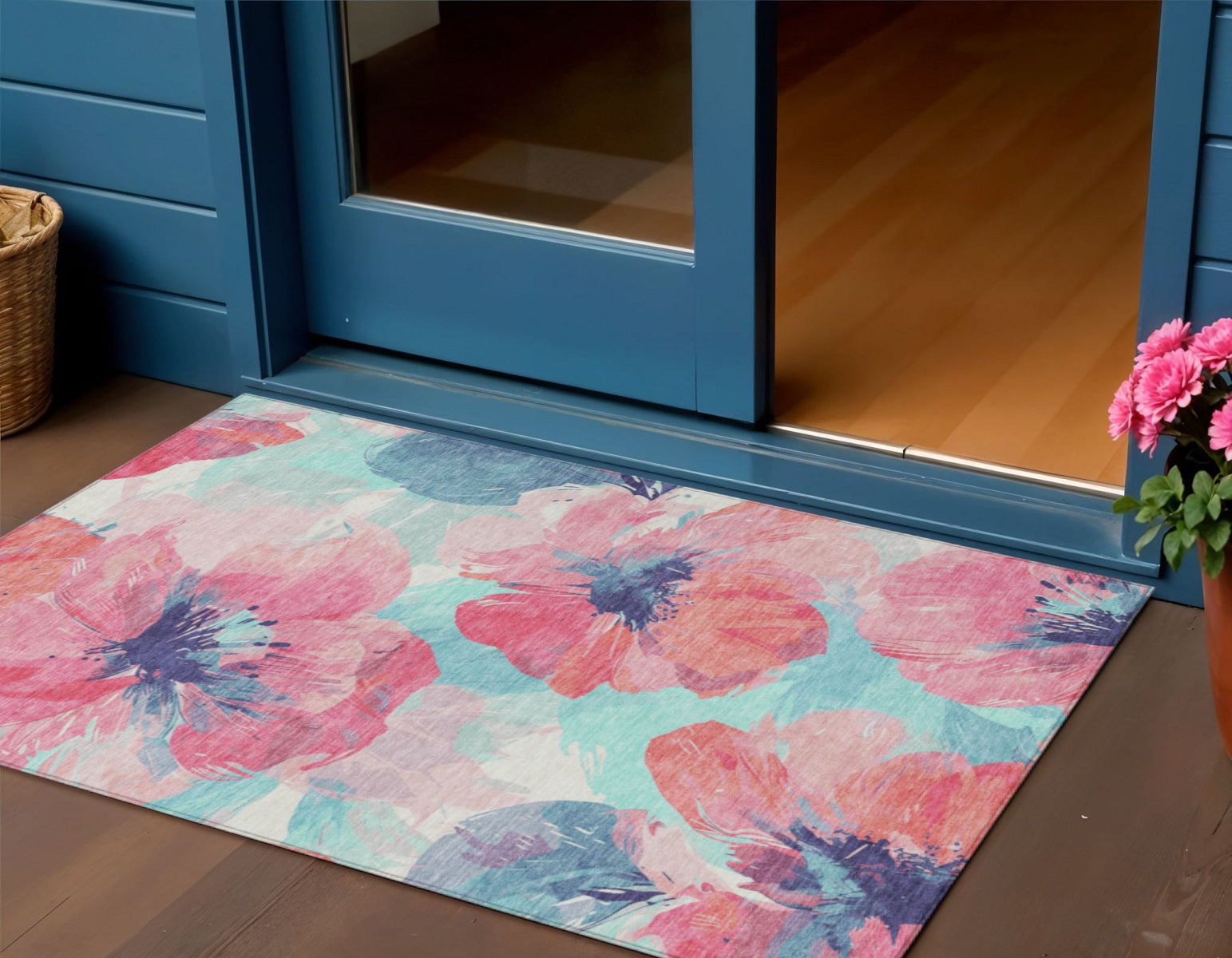 3 X 5 Pink And Sky Blue Floral Washable Indoor Outdoor Area Rug