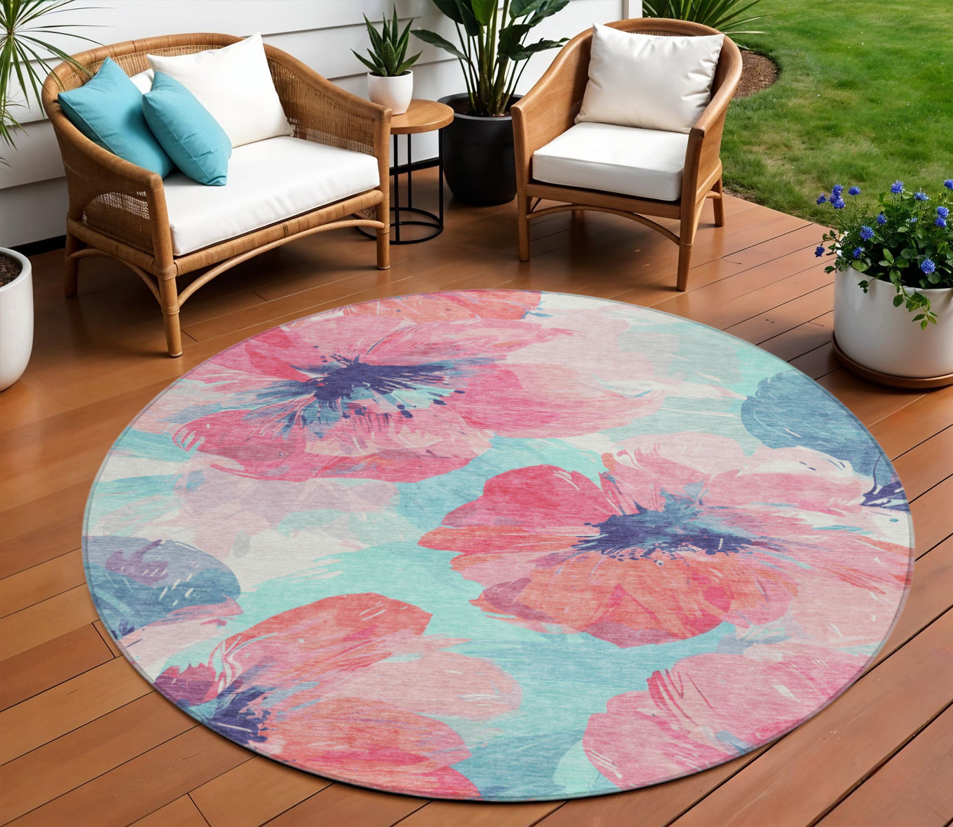 8 Pink And Sky Blue Round Floral Washable Indoor Outdoor Area Rug