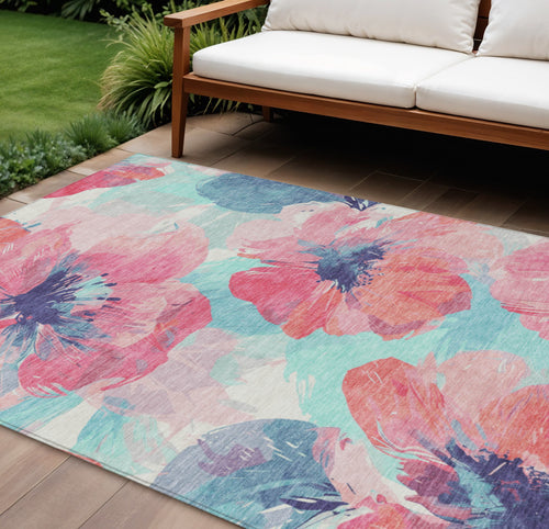 10 X 14 Pink And Sky Blue Floral Washable Indoor Outdoor Area Rug