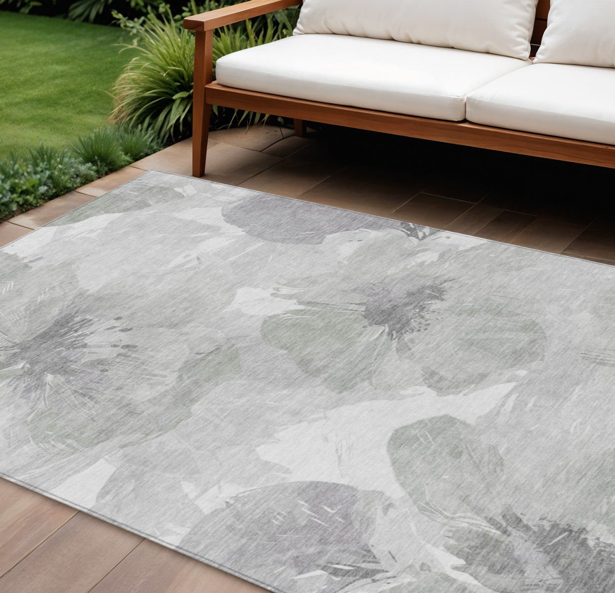8 X 10 Ivory And Silver Floral Washable Indoor Outdoor Area Rug