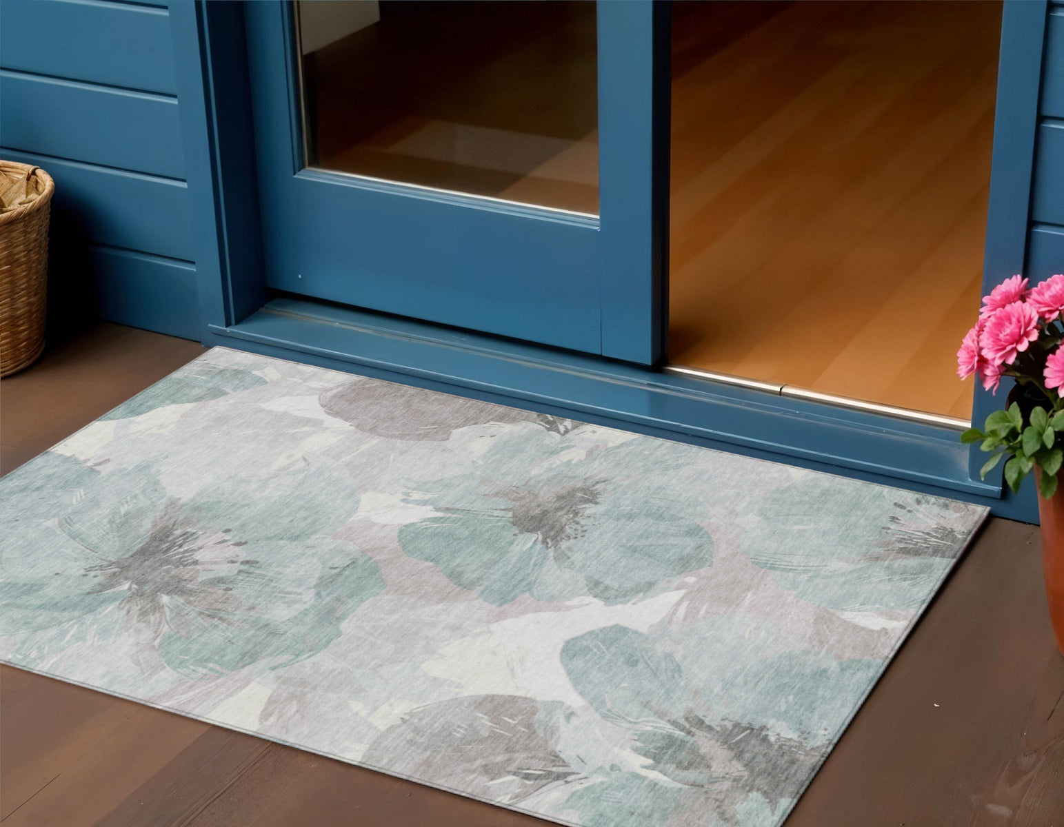 3 X 5 Blue And Sage Floral Washable Indoor Outdoor Area Rug