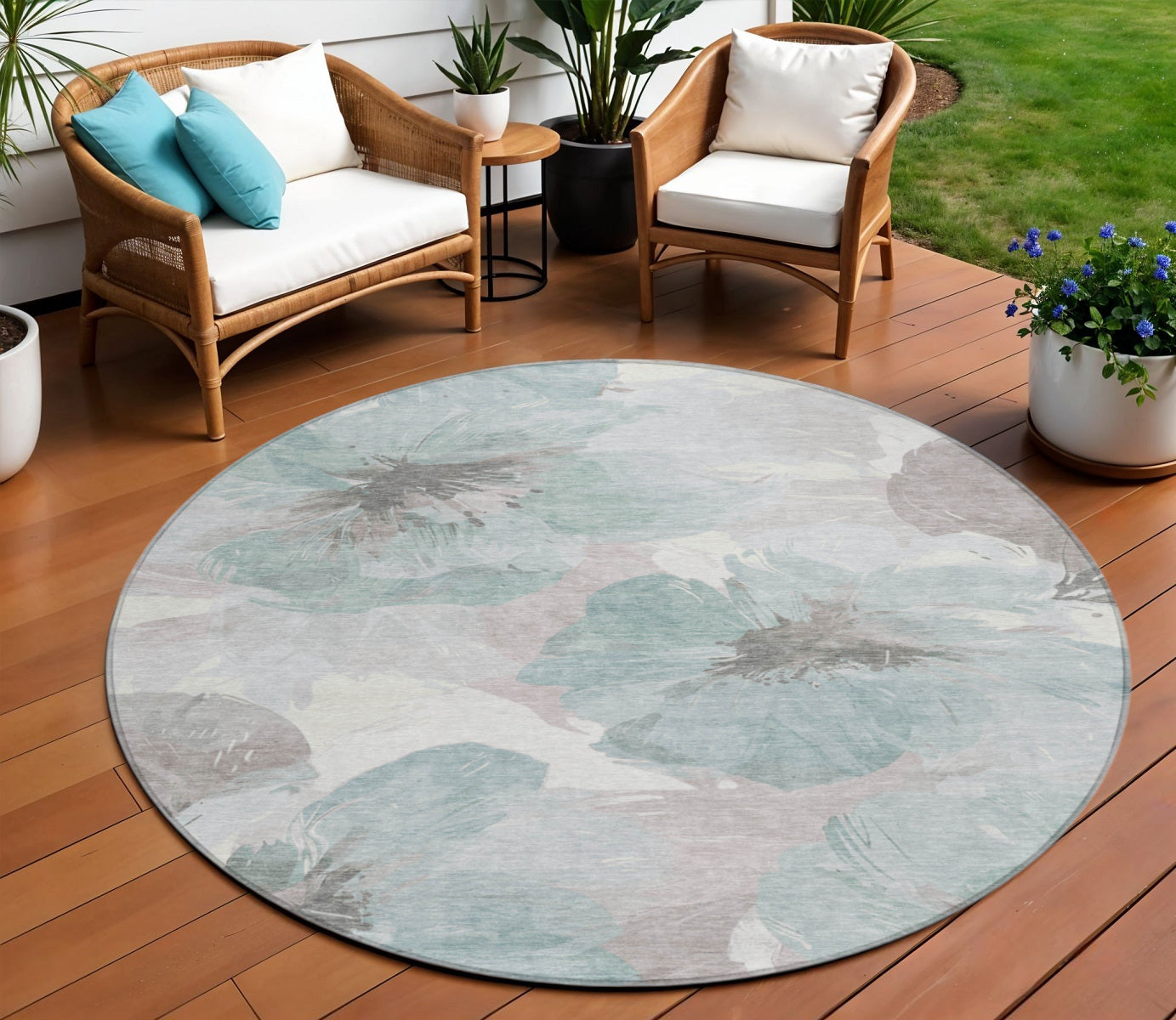 8 Blue And Sage Round Floral Washable Indoor Outdoor Area Rug