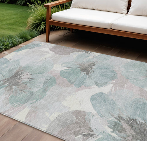 10 X 14 Blue And Sage Floral Washable Indoor Outdoor Area Rug