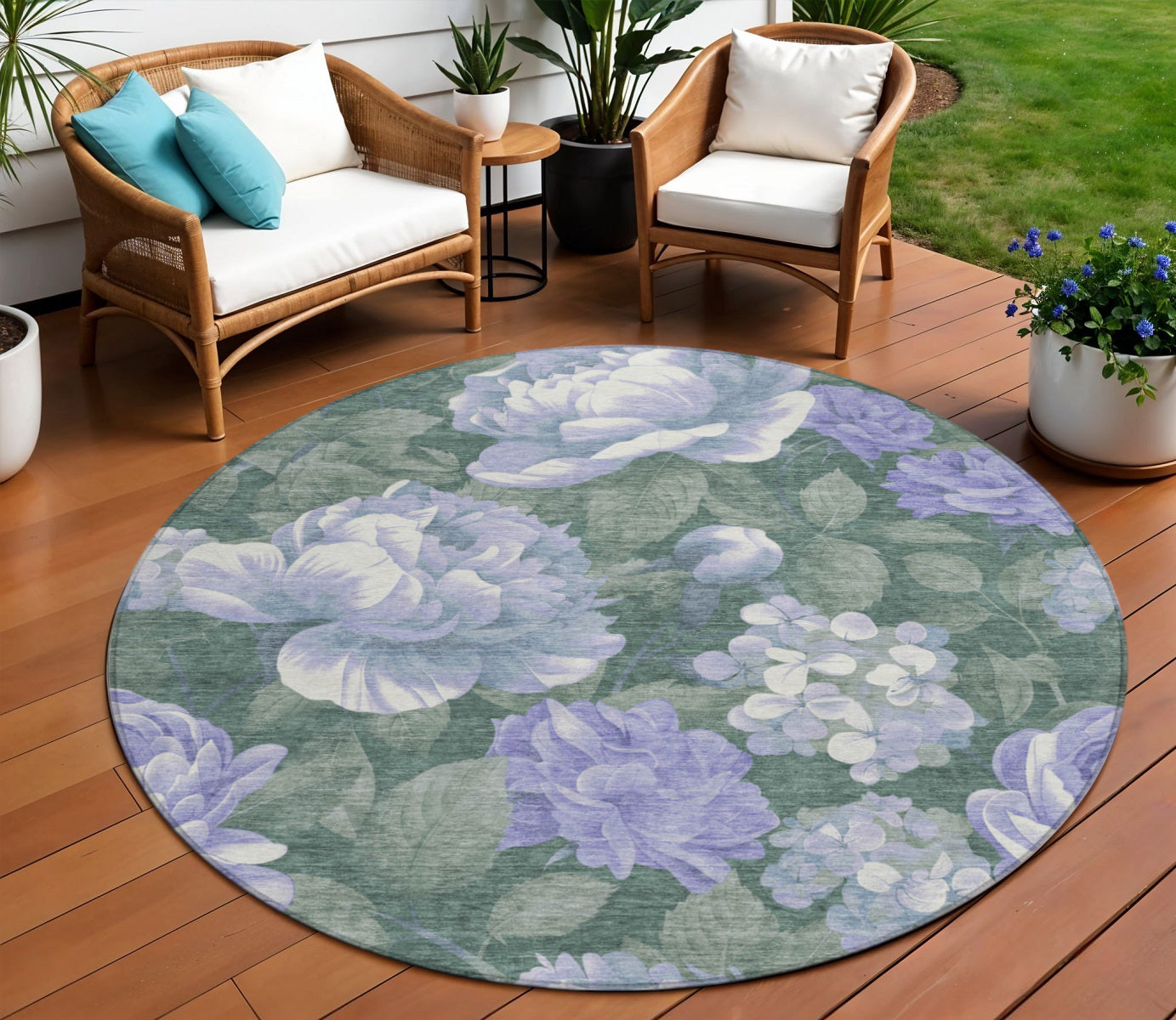 8 Lavender And Olive Green Round Floral Washable Indoor Outdoor Area Rug
