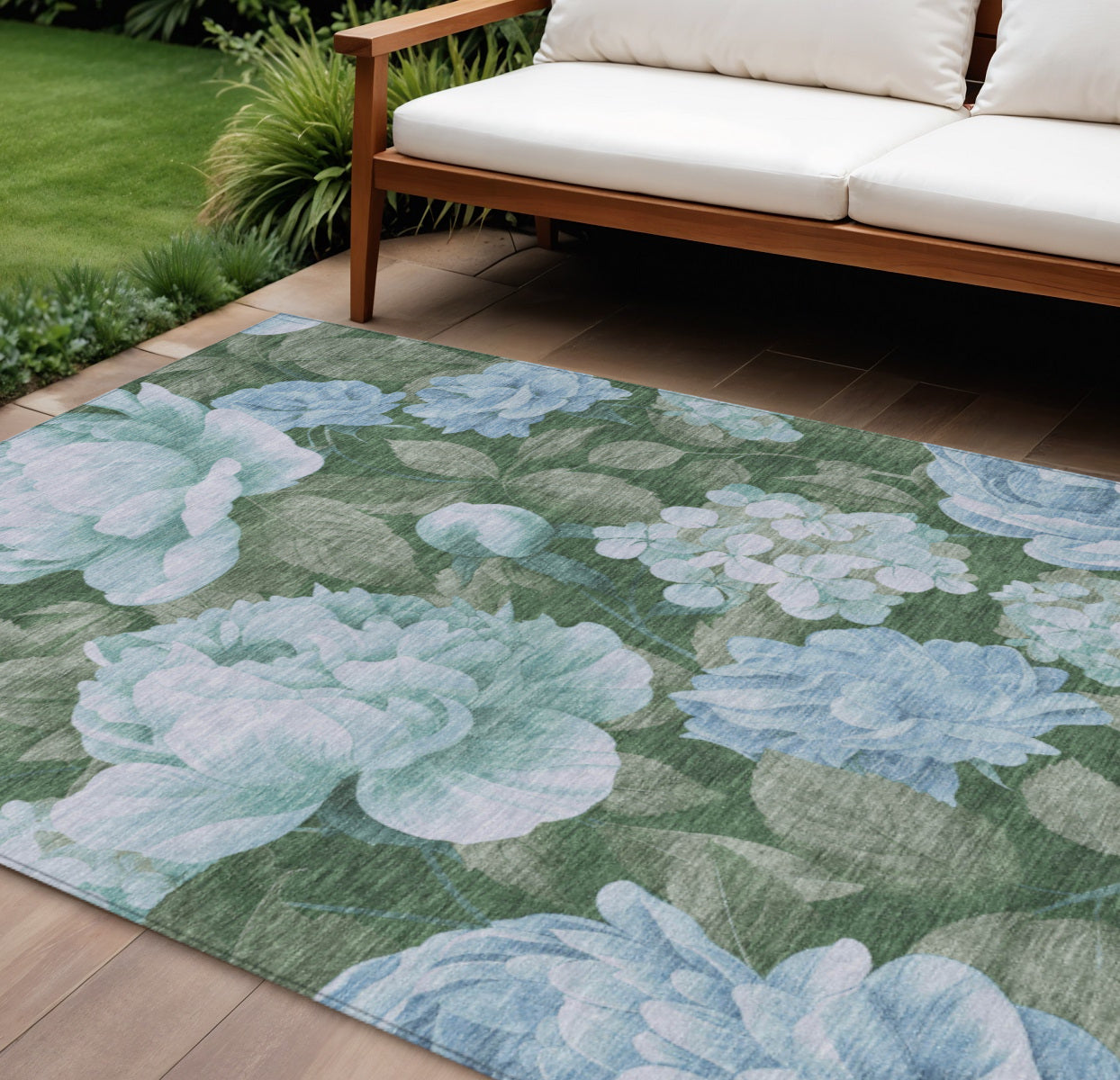 9 X 12 Sky Blue And Taupe Floral Washable Indoor Outdoor Area Rug